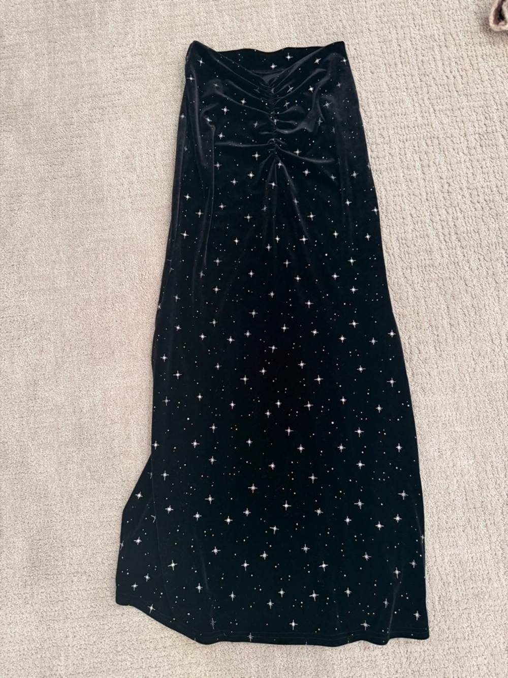 Black Velvet Maxi Skirt with Silver Star Embellishments